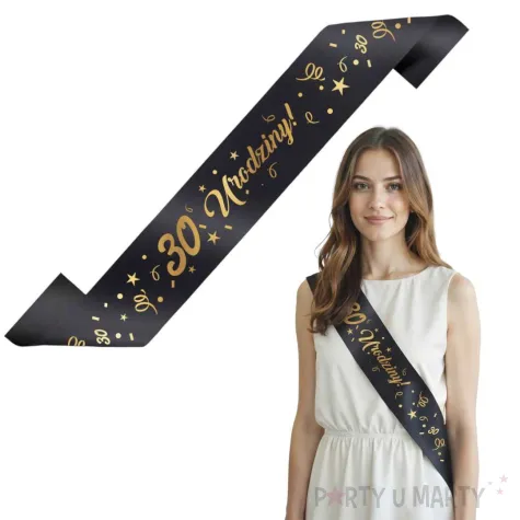 szarfa urodzinowa 30 urodziny glamour czarno zlota 160 cm