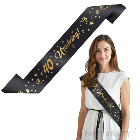 szarfa urodzinowa 40 urodziny glamour czarno zlota 160 cm