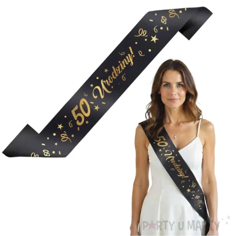 szarfa urodzinowa 50 urodziny glamour czarno zlota 160 cm