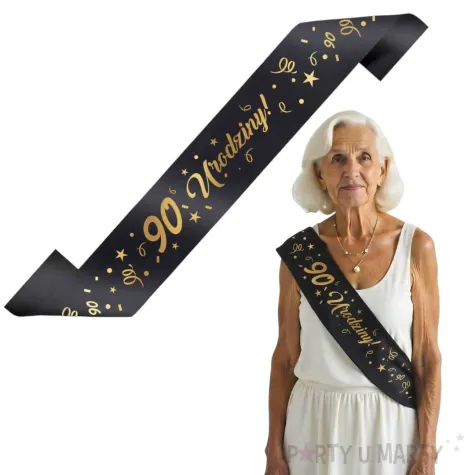 szarfa urodzinowa 90 urodziny glamour czarno zlota 160 cm