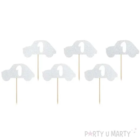 szpilki drewniane 1st birthday samochodzik srebrny brokat partydeco 10 cm 6 szt