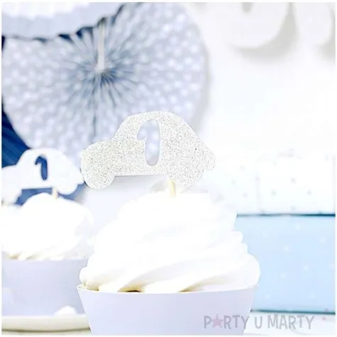 szpilki drewniane 1st birthday samochodzik srebrny brokat partydeco 10 cm 6 szt