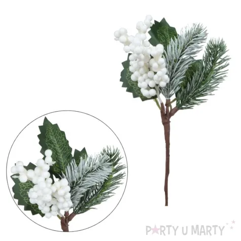 sztuczny kwiat galazka osniezona choinka z jarzembina bialy bomm 22 cm