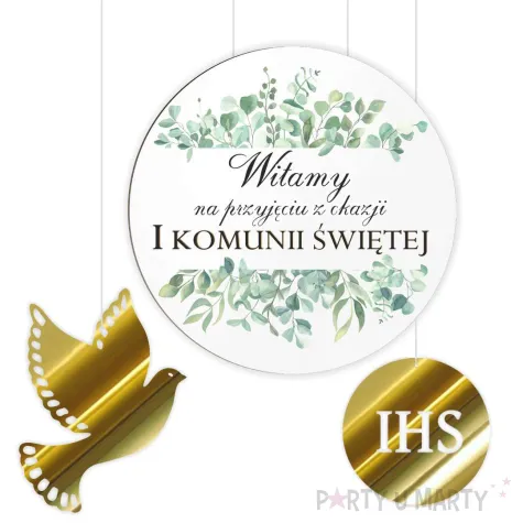 tablica powitalna i zawieszki eukaliptus beauty zlote dekoracje na komunie girlanda 29 cm