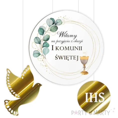 tablica powitalna i zawieszki eukaliptus z hostia zlote dekoracje na komunie girlanda 29 cm
