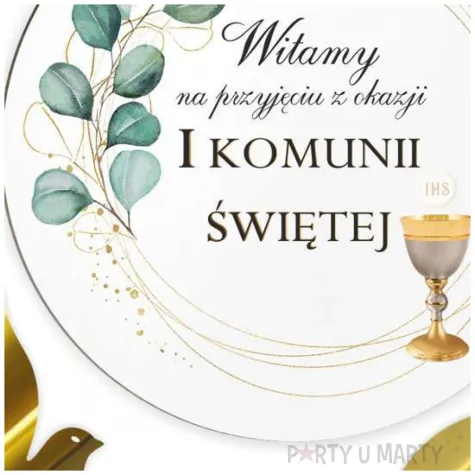 tablica powitalna i zawieszki eukaliptus z hostia zlote dekoracje na komunie girlanda 29 cm