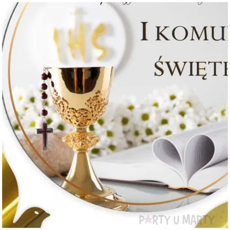 tablica powitalna i zawieszki kielich z biblia zlote dekoracje na komunie girlanda 29 cm