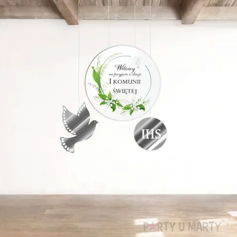tablica powitalna i zawieszki konwalie srebrne dekoracje na komunie girlanda 29 cm