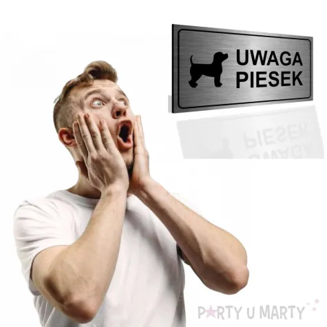 tabliczka informacyjna znak na brame uwaga piesek srebrny ostrzezenie 20x10 cm