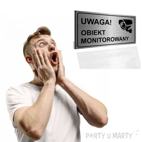 tabliczka informacyjna znak na drzwi uwaga obiekt monitorowany srebrny na brame 20x10 cm