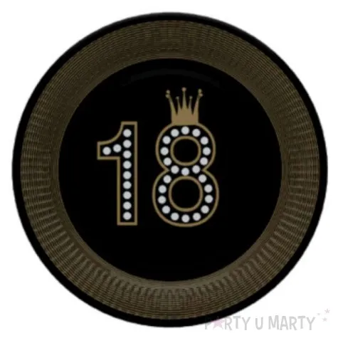 talerzyki papierowe 18 urodziny zlota korona czarne maki 18 cm 8 szt