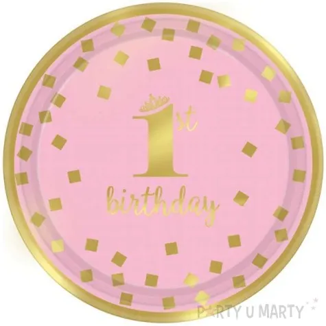 talerzyki papierowe 1st birthday urodziny rozowe amscan 18 cm 8 szt