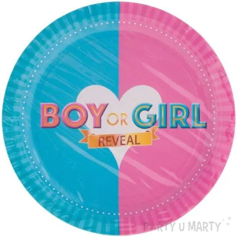 talerzyki papierowe boy or girl biale serce niebiesko rozowy funny fashion 23 cm 8 szt