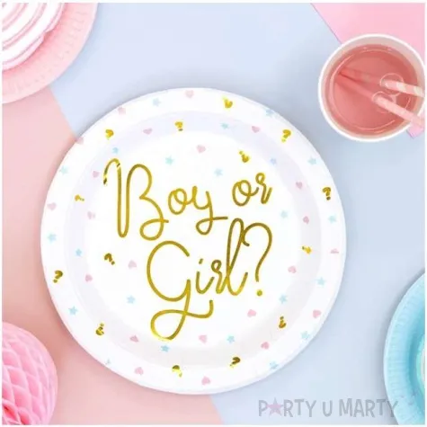 talerzyki papierowe boy or girl gwiazdki i serca bialy partydeco 23 cm 6 szt