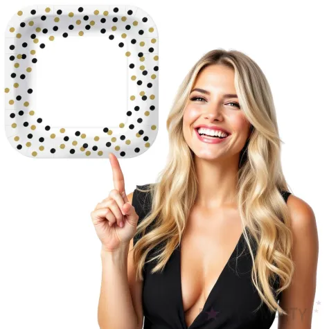 talerzyki papierowe czarno zlote konfetti biale kwadratowe paw 23 x 23 cm 10 szt