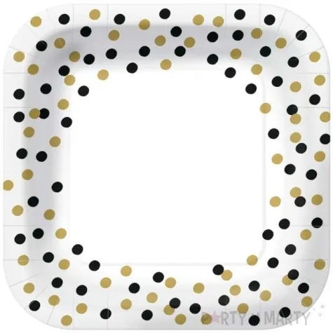 talerzyki papierowe czarno zlote konfetti biale kwadratowe paw 23 x 23 cm 10 szt