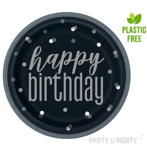 talerzyki papierowe glitz happy birthday czarno srebrne unique 23 cm 8 szt