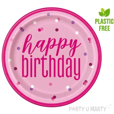 talerzyki papierowe glitz happy birthday rozowe unique 23 cm 8 szt