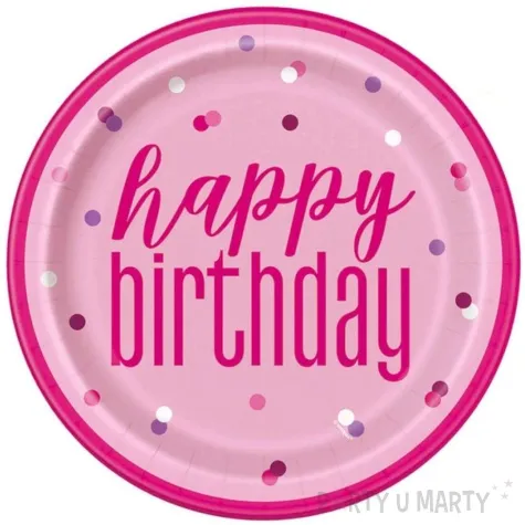 talerzyki papierowe glitz happy birthday rozowe unique 23 cm 8 szt