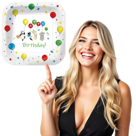 talerzyki papierowe happy birthday baloniki kwadratowe paw 23 x 23 cm 10 szt