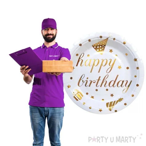 talerzyki papierowe happy birthday bialo zlote dekoracjepolska 18 cm 10 szt
