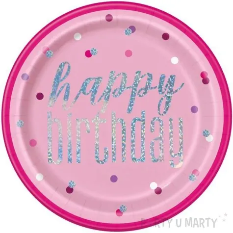talerzyki papierowe happy birthday glitz grochy rozowe unique 23 cm 8 szt