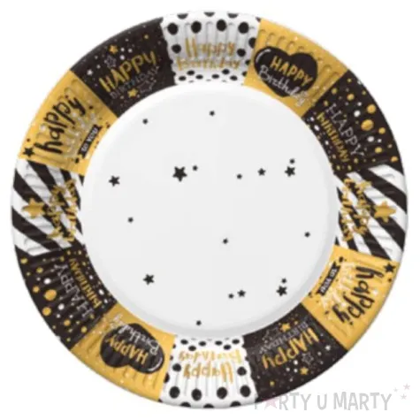 talerzyki papierowe happy birthday gwiazdki czarne zlote maki 18 cm 8 szt