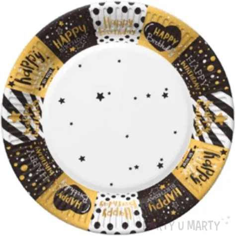 talerzyki papierowe happy birthday gwiazdki czarne zlote maki 23 cm 8 szt