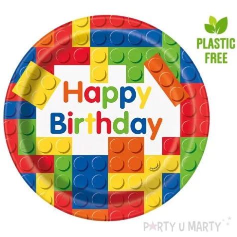 talerzyki papierowe happy birthday klocki unique 23 cm 8 szt