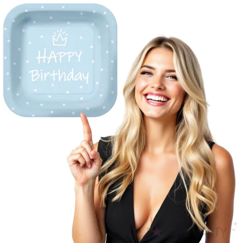 talerzyki papierowe happy birthday kropki blekitne kwadratowe paw 23 x 23 cm 10 szt