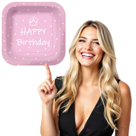 talerzyki papierowe happy birthday kropki rozowe kwadratowe paw 23 x 23 cm 10 szt