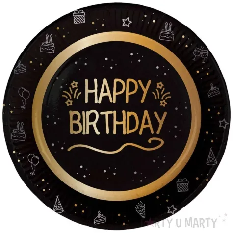 talerzyki papierowe happy birthday shining glam czarno zloty folat 23 cm 8 szt