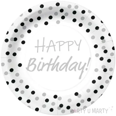 talerzyki papierowe happy birthday srebrne konfetti biale paw 23 cm 10 szt
