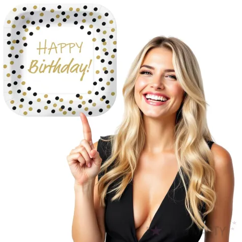 talerzyki papierowe happy birthday zlote konfetti biale kwadratowe paw 23 x 23 cm 10 szt