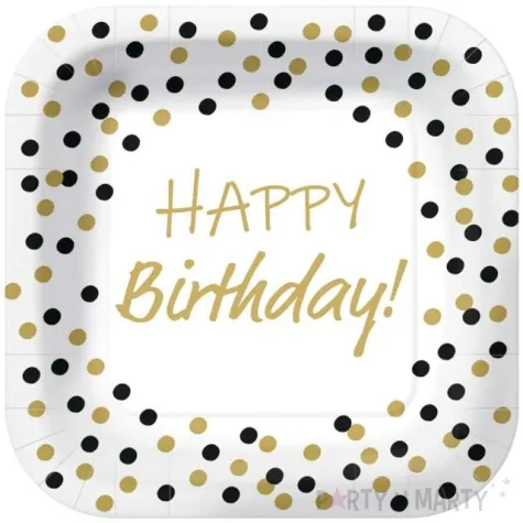 talerzyki papierowe happy birthday zlote konfetti biale kwadratowe paw 23 x 23 cm 10 szt