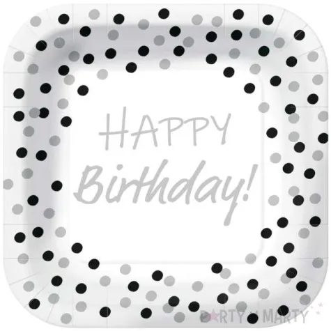 talerzyki papierowe happy birthday zlote konfetti biale kwadratowe paw 23 x 23 cm 10 szt