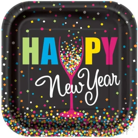talerzyki papierowe happy new year black unique 18 cm 8 szt