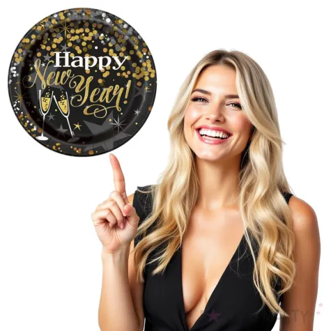 talerzyki papierowe happy new year czarne unique 18 cm 8 szt