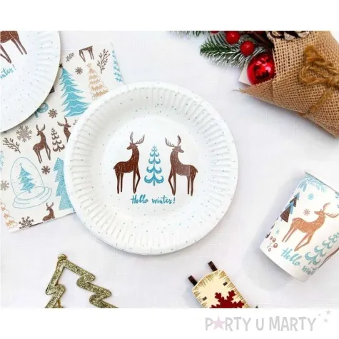 talerzyki papierowe hello winter swiateczne renifery bialy godan 18 cm 6 szt