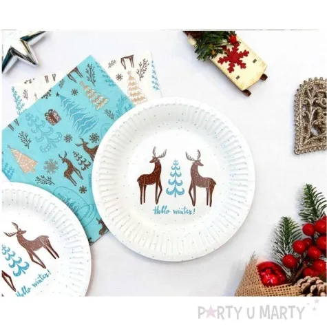 talerzyki papierowe hello winter swiateczne renifery bialy godan 18 cm 6 szt