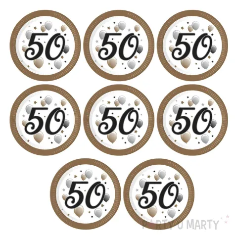 talerzyki papierowe jednorazowe dekoracja na urodziny liczba 50 bialo zlote 23 cm 8 szt