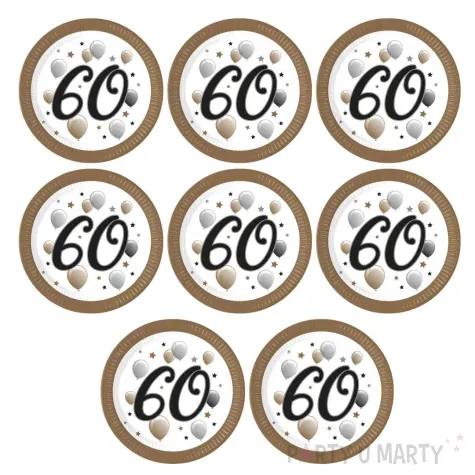 talerzyki papierowe jednorazowe dekoracja na urodziny liczba 60 bialo zlote 23 cm 8 szt