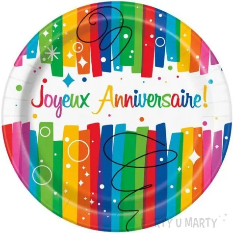 talerzyki papierowe joyeux anniversaire teczowe paski unique 23 cm 8 szt