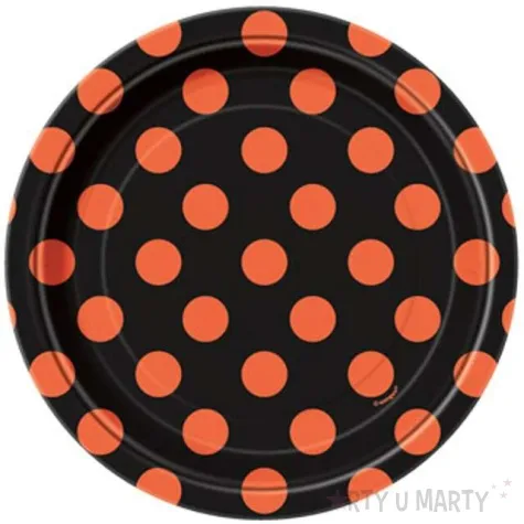 talerzyki papierowe kropki czarno pomaranczowe 18 cm 8 szt