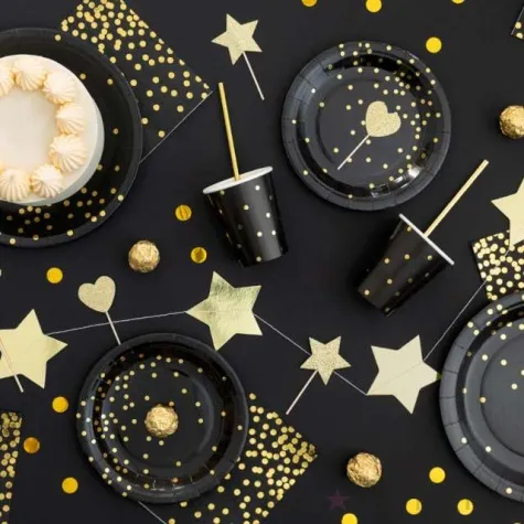 talerzyki papierowe kropki zlote czarne partypal 23 cm 6 szt