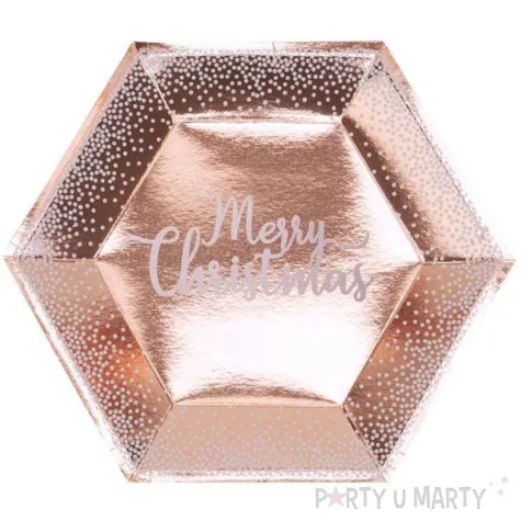 talerzyki papierowe merry christmas rozowe zloto 27 cm 8 szt