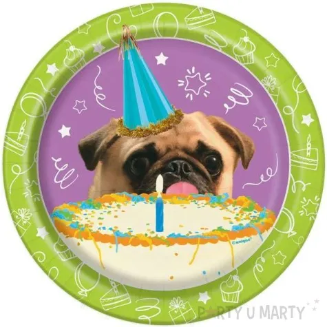 talerzyki papierowe pies mops urodziny unique 18 cm 8 szt