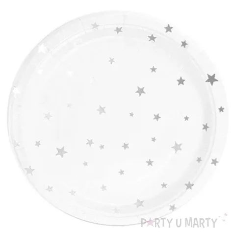 talerzyki papierowe srebrne gwiazdki biale partypal 18 cm 6 szt