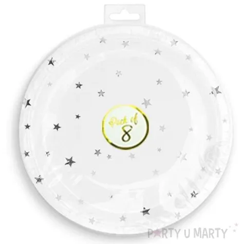 talerzyki papierowe srebrne gwiazdki biale partypal 18 cm 6 szt