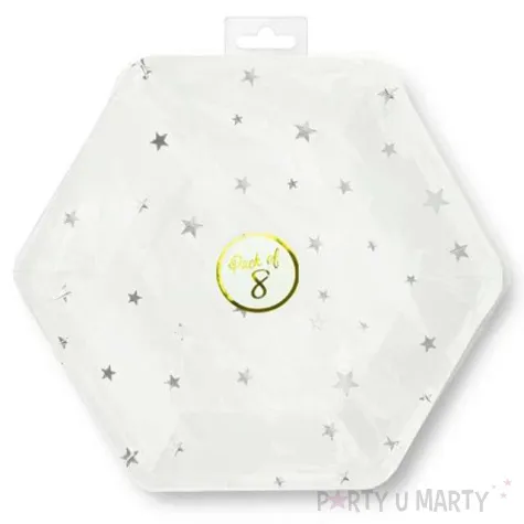 talerzyki papierowe srebrne gwiazdki biale partypal 23 cm 8 szt